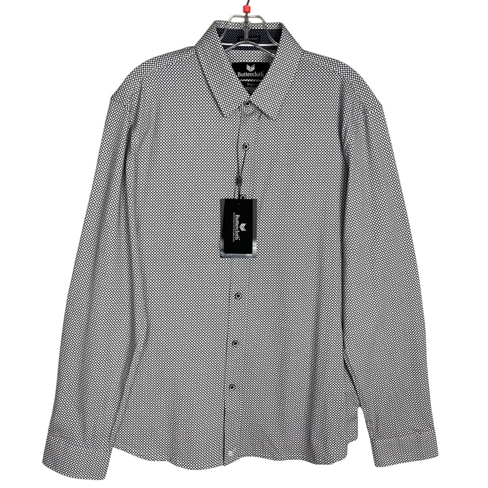 Buttercloth Stately Icy Cotton Regular Fit White/Navy Shirt Size L Geometric NWT
